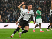 Jerry Yates of Derby County scores an overhead kick to make it 1-0 during the Sky Bet Championship match between Derby County and Plymouth A...