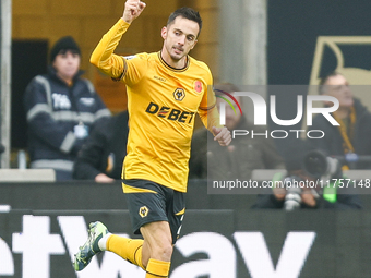 Pablo Sarabia of Wolves raises his hand in celebration following his goal during the Premier League match between Wolverhampton Wanderers an...