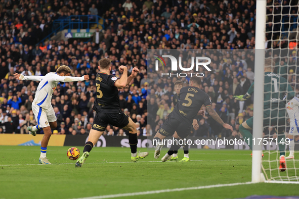 Jayden Bogle of Leeds United scores his team's first goal during the Sky Bet Championship match between Leeds United and Queens Park Rangers...