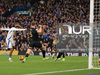 Jayden Bogle of Leeds United scores his team's first goal during the Sky Bet Championship match between Leeds United and Queens Park Rangers...