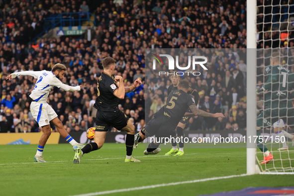 Jayden Bogle of Leeds United scores his team's first goal during the Sky Bet Championship match between Leeds United and Queens Park Rangers...