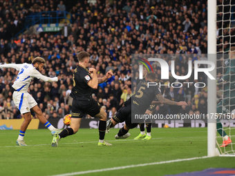 Jayden Bogle of Leeds United scores his team's first goal during the Sky Bet Championship match between Leeds United and Queens Park Rangers...