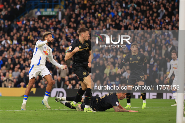 Jayden Bogle of Leeds United scores his team's first goal during the Sky Bet Championship match between Leeds United and Queens Park Rangers...