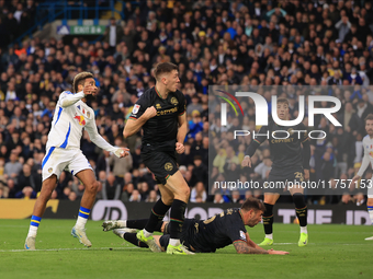 Jayden Bogle of Leeds United scores his team's first goal during the Sky Bet Championship match between Leeds United and Queens Park Rangers...