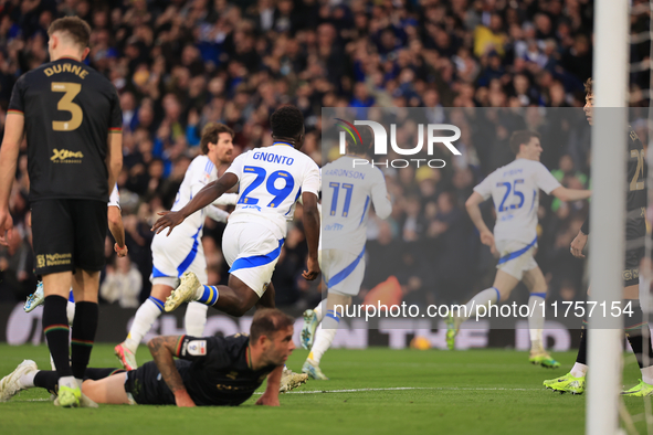 Jayden Bogle of Leeds United scores his team's first goal during the Sky Bet Championship match between Leeds United and Queens Park Rangers...