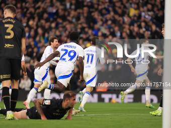 Jayden Bogle of Leeds United scores his team's first goal during the Sky Bet Championship match between Leeds United and Queens Park Rangers...