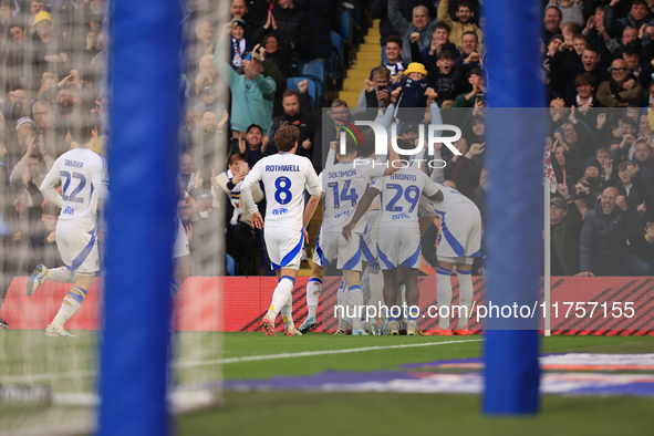 Jayden Bogle of Leeds United scores his team's first goal during the Sky Bet Championship match between Leeds United and Queens Park Rangers...