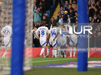 Jayden Bogle of Leeds United scores his team's first goal during the Sky Bet Championship match between Leeds United and Queens Park Rangers...