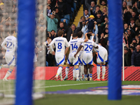 Jayden Bogle of Leeds United scores his team's first goal during the Sky Bet Championship match between Leeds United and Queens Park Rangers...