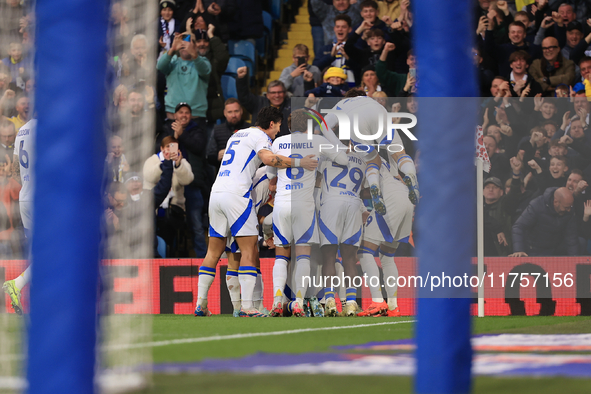 Jayden Bogle of Leeds United scores his team's first goal during the Sky Bet Championship match between Leeds United and Queens Park Rangers...