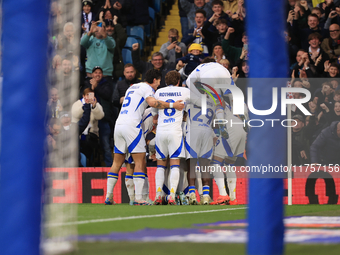 Jayden Bogle of Leeds United scores his team's first goal during the Sky Bet Championship match between Leeds United and Queens Park Rangers...