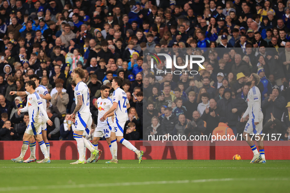 Jayden Bogle of Leeds United scores his team's first goal during the Sky Bet Championship match between Leeds United and Queens Park Rangers...