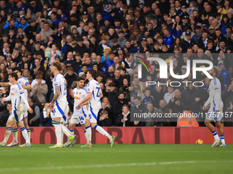 Jayden Bogle of Leeds United scores his team's first goal during the Sky Bet Championship match between Leeds United and Queens Park Rangers...