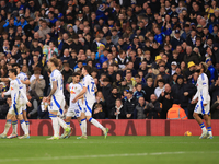 Jayden Bogle of Leeds United scores his team's first goal during the Sky Bet Championship match between Leeds United and Queens Park Rangers...