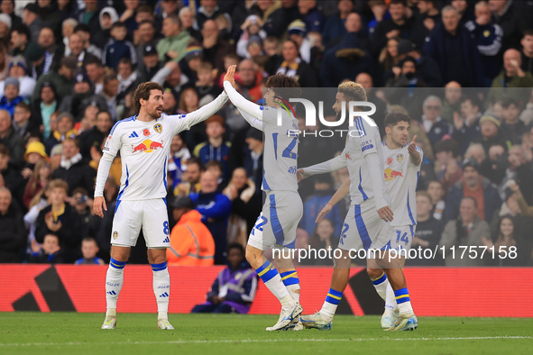 Jayden Bogle of Leeds United scores his team's first goal during the Sky Bet Championship match between Leeds United and Queens Park Rangers...