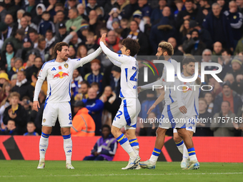 Jayden Bogle of Leeds United scores his team's first goal during the Sky Bet Championship match between Leeds United and Queens Park Rangers...