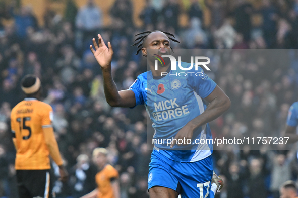 Ricky Jade Jones (17 Peterborough United) celebrates after scoring the team's first goal, making it 1-0, during the Sky Bet League 1 match b...