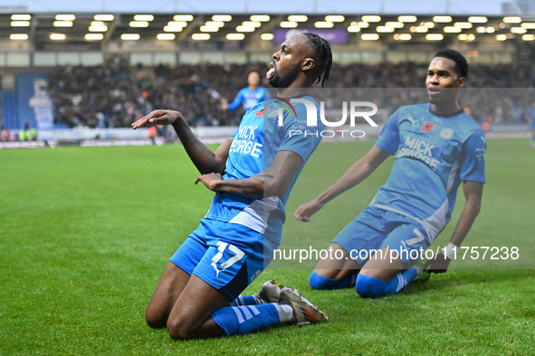 Ricky Jade Jones (17 Peterborough United) celebrates after scoring the team's first goal, making it 1-0, during the Sky Bet League 1 match b...