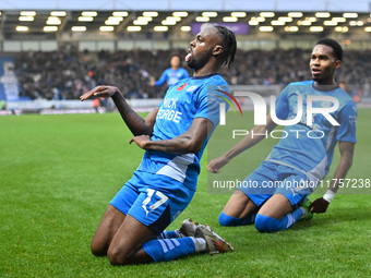 Ricky Jade Jones (17 Peterborough United) celebrates after scoring the team's first goal, making it 1-0, during the Sky Bet League 1 match b...