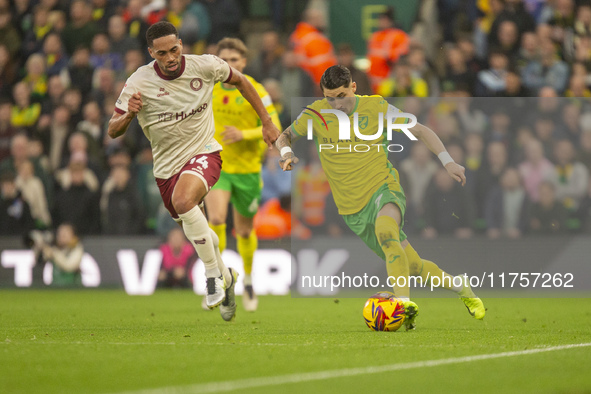 Borja Sainz of Norwich City is pressured by Zak Vyner of Bristol City during the Sky Bet Championship match between Norwich City and Bristol...