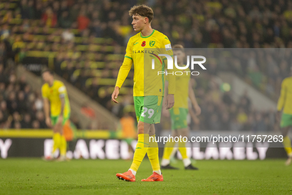 Oscar Schwartau of Norwich City looks dejected during the Sky Bet Championship match between Norwich City and Bristol City at Carrow Road in...