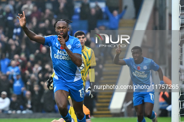 Ricky Jade Jones (17 Peterborough United) celebrates after scoring the team's first goal during the Sky Bet League 1 match between Peterboro...