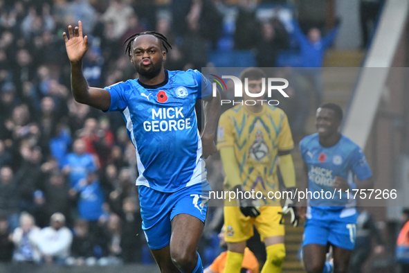 Ricky Jade Jones (17 Peterborough United) celebrates after scoring the team's first goal, making it 1-0, during the Sky Bet League 1 match b...