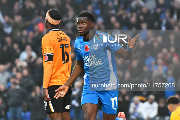 Kwame Poku (11 Peterborough United) celebrates after scoring the team's second goal during the Sky Bet League 1 match between Peterborough a...