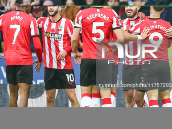 Ryan Manning of Southampton (second from right) celebrates the disallowed goal during the Premier League match between Wolverhampton Wandere...