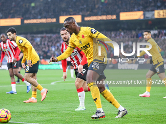 Toti Gomes of Wolves is in defensive action during the Premier League match between Wolverhampton Wanderers and Southampton at Molineux in W...