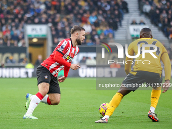 Number 9, Adam Armstrong of Southampton, is in attacking action during the Premier League match between Wolverhampton Wanderers and Southamp...