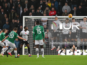 Adam Randell of Plymouth Argyle equalizes the score from a free-kick during the Sky Bet Championship match between Derby County and Plymouth...