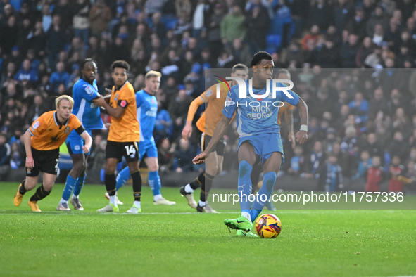 Malik Mothersille (7 Peterborough United) scores from the penalty spot, making it 4-0 during the Sky Bet League 1 match between Peterborough...