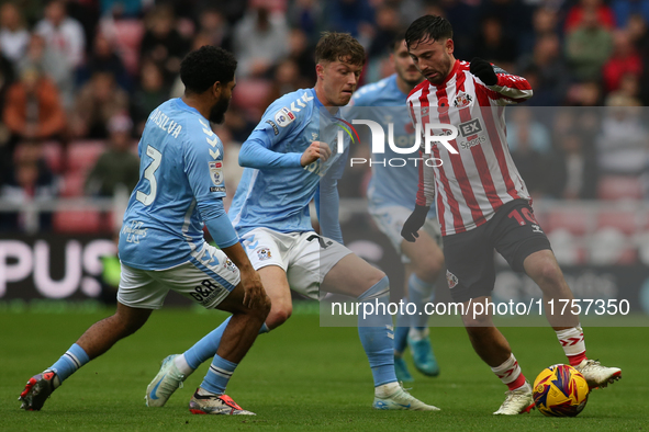 Sunderland's Patrick Roberts takes on Coventry City's defense during the Sky Bet Championship match between Sunderland and Coventry City at...