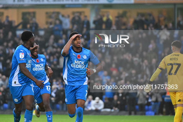 Malik Mothersille (7 Peterborough United) celebrates after scoring the team's fourth goal during the Sky Bet League 1 match between Peterbor...