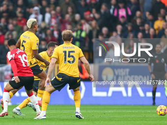 Midfield action occurs during the Premier League match between Wolverhampton Wanderers and Southampton at Molineux in Wolverhampton, England...