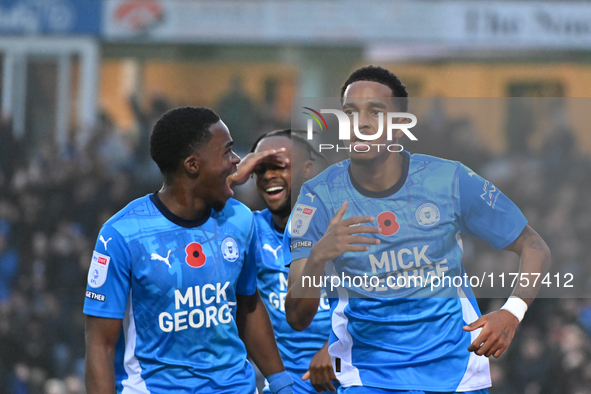 Malik Mothersille (7 Peterborough United) celebrates after scoring the team's fourth goal from the penalty spot during the Sky Bet League 1...