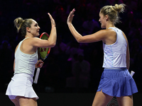 RIYADH, SAUDI ARABIA - NOVEMBER 09: Gabriela Dabrowski (L) of Canada and Erin Routliffe (R) of New Zealand during the Final match against Ka...