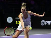 RIYADH, SAUDI ARABIA - NOVEMBER 09: Gabriela Dabrowski of Canada playing with Erin Routliffe of New Zealand during the Final match against K...