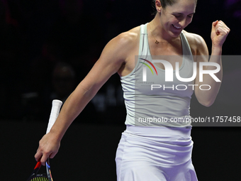 RIYADH, SAUDI ARABIA - NOVEMBER 09: Gabriela Dabrowski of Canada playing with Erin Routliffe of New Zealand during the Final match against K...