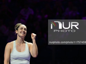 RIYADH, SAUDI ARABIA - NOVEMBER 09: Happy Gabriela Dabrowski of Canada playing with Erin Routliffe of New Zealand celebrates after winning t...