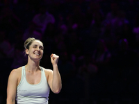 RIYADH, SAUDI ARABIA - NOVEMBER 09: Happy Gabriela Dabrowski of Canada playing with Erin Routliffe of New Zealand celebrates after winning t...