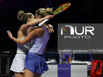 RIYADH, SAUDI ARABIA - NOVEMBER 09: Gabriela Dabrowski (L) of Canada and Erin Routliffe (R) of New Zealand celebrate after winning the Final...