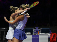 RIYADH, SAUDI ARABIA - NOVEMBER 09: Gabriela Dabrowski (L) of Canada and Erin Routliffe (R) of New Zealand celebrate after winning the Final...