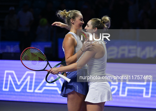 RIYADH, SAUDI ARABIA - NOVEMBER 09: Gabriela Dabrowski (R) of Canada and Erin Routliffe (L) of New Zealand celebrate after winning the Final...