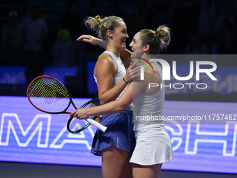 RIYADH, SAUDI ARABIA - NOVEMBER 09: Gabriela Dabrowski (R) of Canada and Erin Routliffe (L) of New Zealand celebrate after winning the Final...