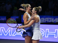 RIYADH, SAUDI ARABIA - NOVEMBER 09: Gabriela Dabrowski (R) of Canada and Erin Routliffe (L) of New Zealand celebrate after winning the Final...