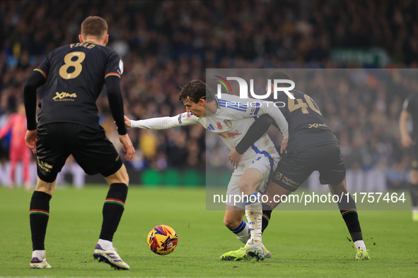 Brenden Aaronson (Leeds United) is fouled by Jonathan Varane (QPR) during the Sky Bet Championship match between Leeds United and Queens Par...