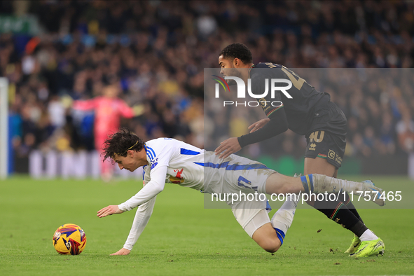 Brenden Aaronson (Leeds United) is fouled by Jonathan Varane (QPR) during the Sky Bet Championship match between Leeds United and Queens Par...