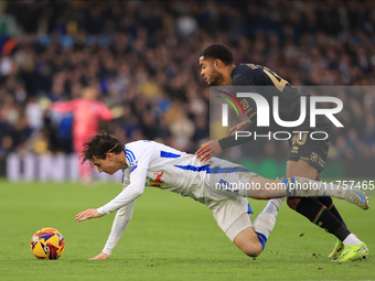 Brenden Aaronson (Leeds United) is fouled by Jonathan Varane (QPR) during the Sky Bet Championship match between Leeds United and Queens Par...